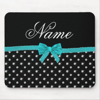 Personalised name black diamonds turquoise bow mouse pad