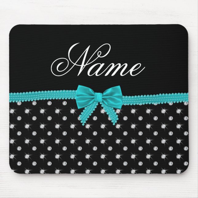 Personalised name black diamonds turquoise bow mouse pad (Front)