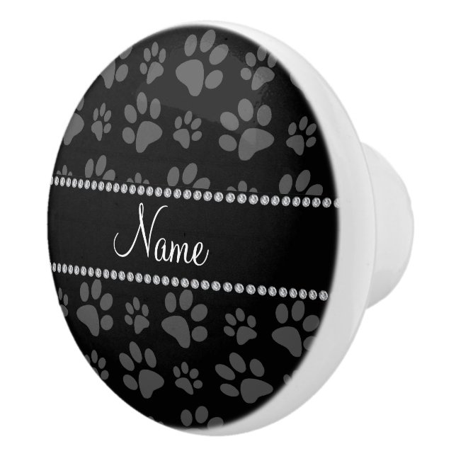 Personalised name black dog paw prints ceramic knob (Right)