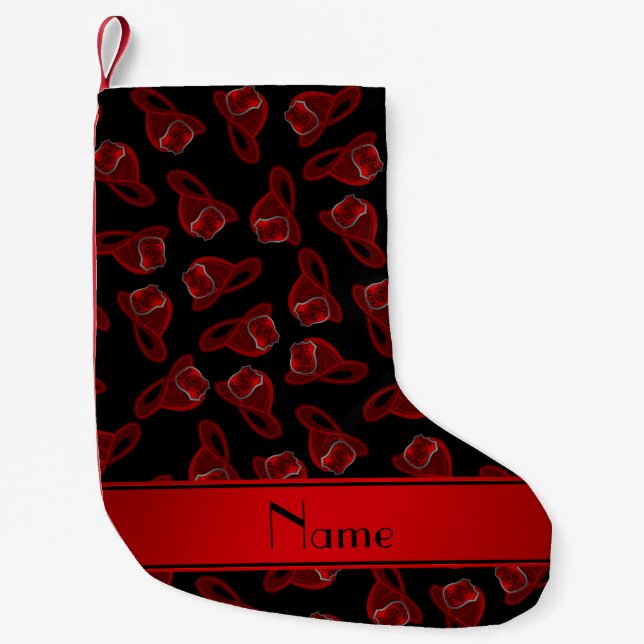 Personalised name black fire helmets small christmas stocking (Front)