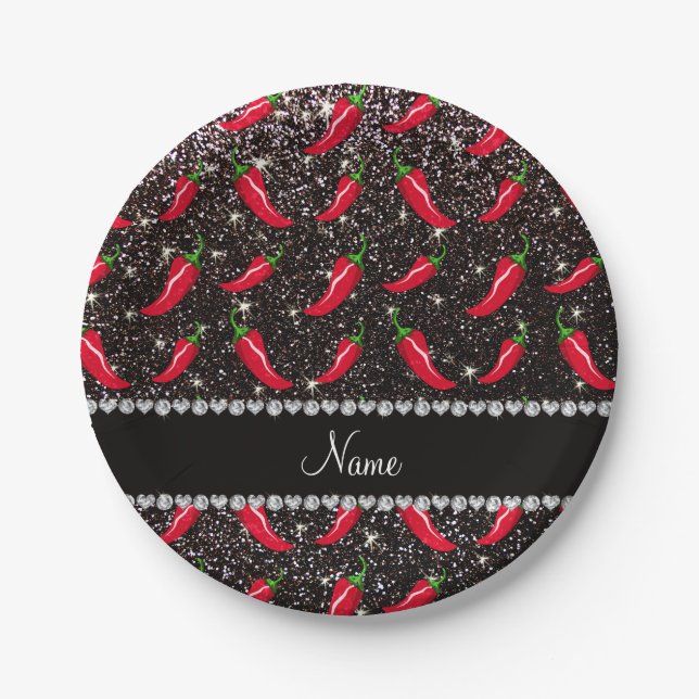 Personalised name black glitter chilli pepper paper plate (Front)