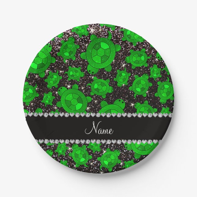 Personalised name black glitter sea turtles paper plate (Front)