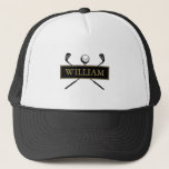 Personalised Name Black Gold Golf Ball And Clubs Trucker Hat<br><div class="desc">Personalise the name to create a great golf gift and keepsake. Designed by Thisisnotme©</div>