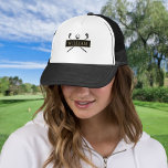 Personalised Name Black Gold Golf Ball And Clubs Trucker Hat<br><div class="desc">Personalise the name to create a great golf gift and keepsake. Designed by Thisisnotme©</div>