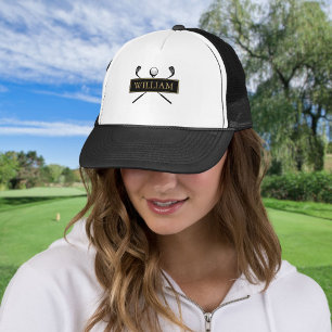 Personalised Name Black Gold Golf Ball And Clubs Trucker Hat