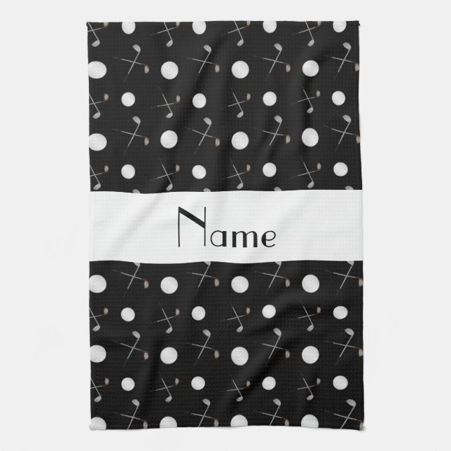 Personalised name black golf balls tea towel (Vertical)