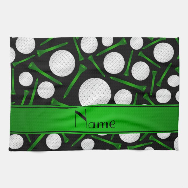 Personalised name black golf balls tees tea towel (Horizontal)