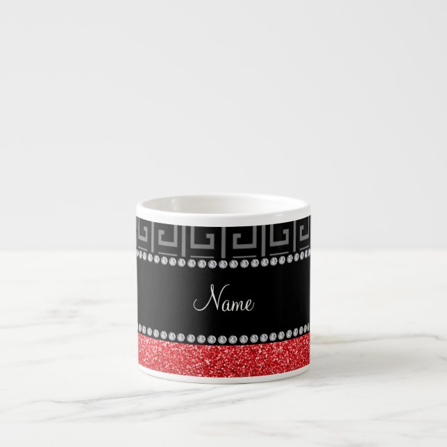 Personalised name black greek key red glitter espresso cup (Front)