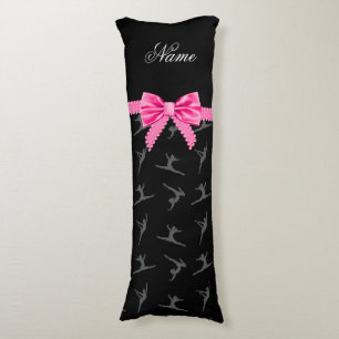 Personalised name black gymnastics pink bow body cushion