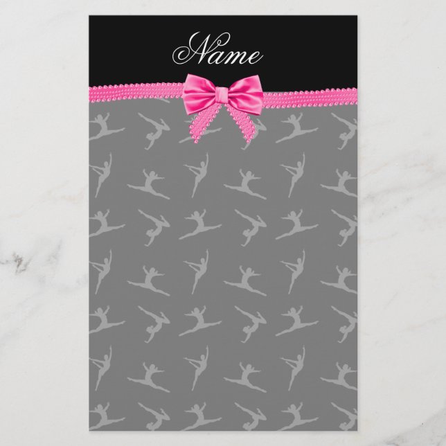 Personalised name black gymnastics pink bow stationery (Front)