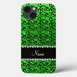 Personalised name black lime green glitter swirls iPhone 13 case