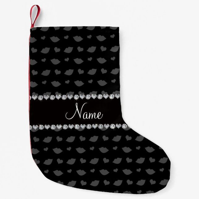 Personalised name black lips and hearts pattern small christmas stocking (Front)