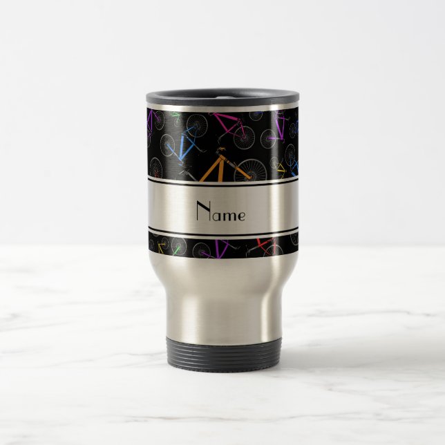 Personalised name black mountain bikes travel mug (Center)