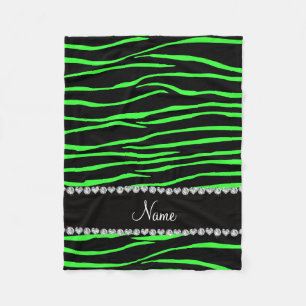 Personalised name black neon green zebra stripes fleece blanket