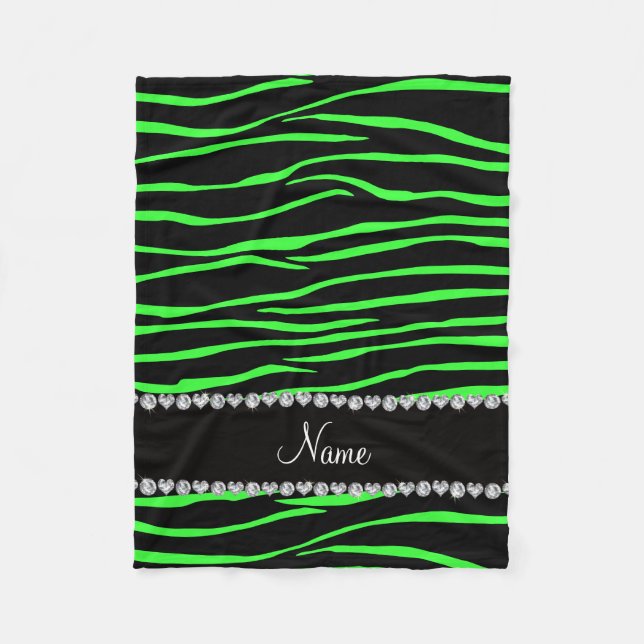 Personalised name black neon green zebra stripes fleece blanket (Front)