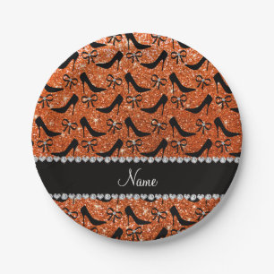Personalised name black orange glitter high heels paper plate