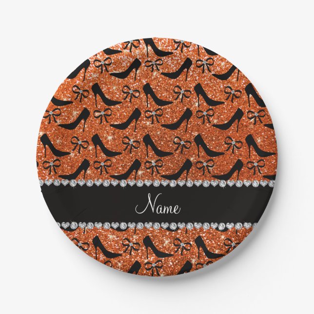 Personalised name black orange glitter high heels paper plate (Front)