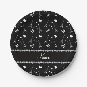 Personalised name black paris eiffel tower paper plate