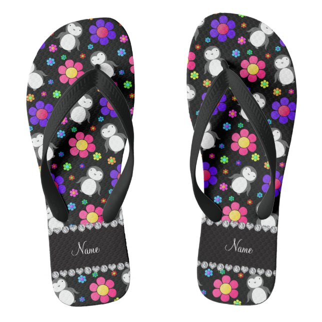 Personalised name black penguins flowers jandals (Footbed)
