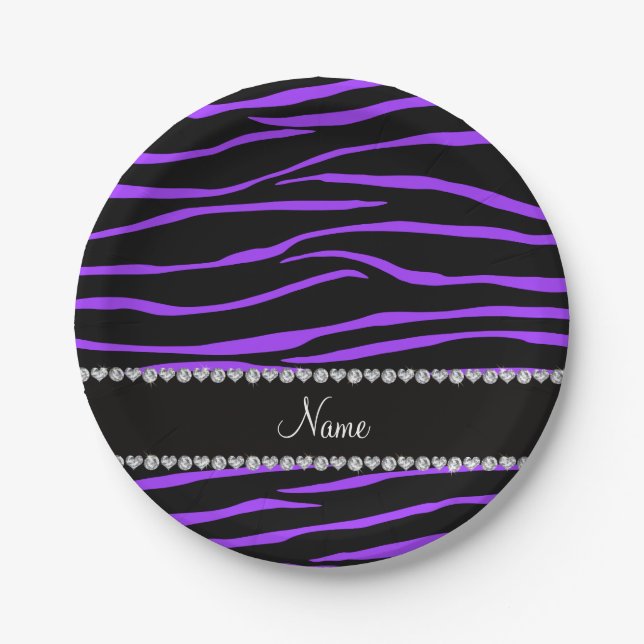 Personalised name black purple zebra stripes paper plate (Front)