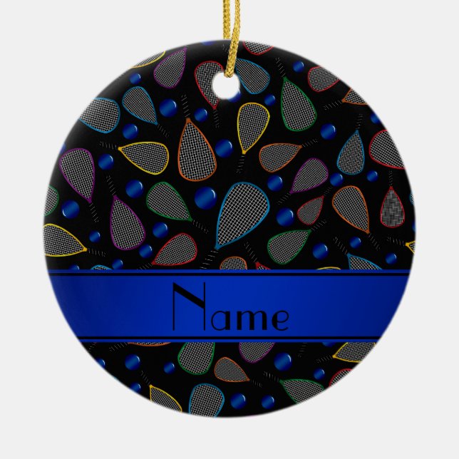 Personalised name black racquetball pattern ceramic tree decoration (Front)
