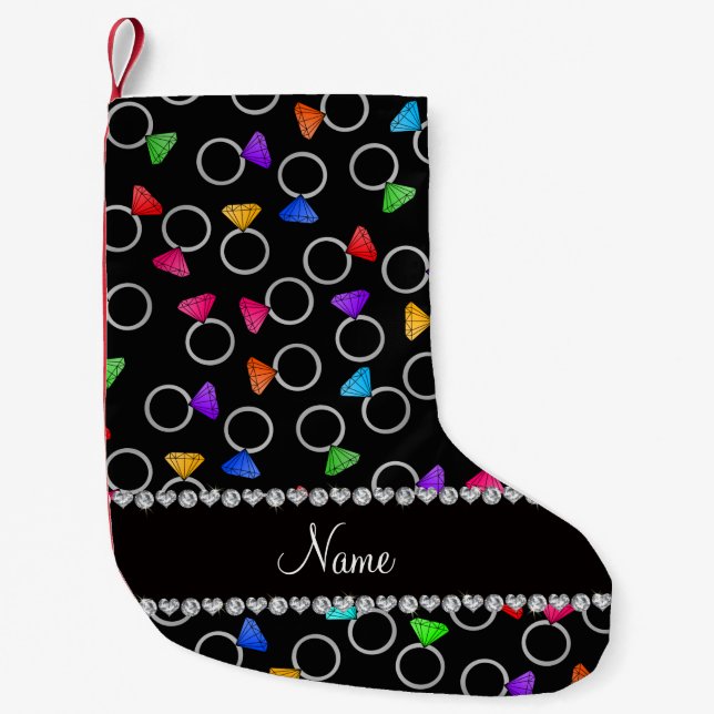 Personalised name black rainbow diamond rings small christmas stocking (Front)