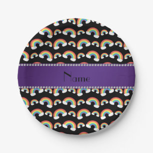 Personalised name black rainbows pattern paper plate