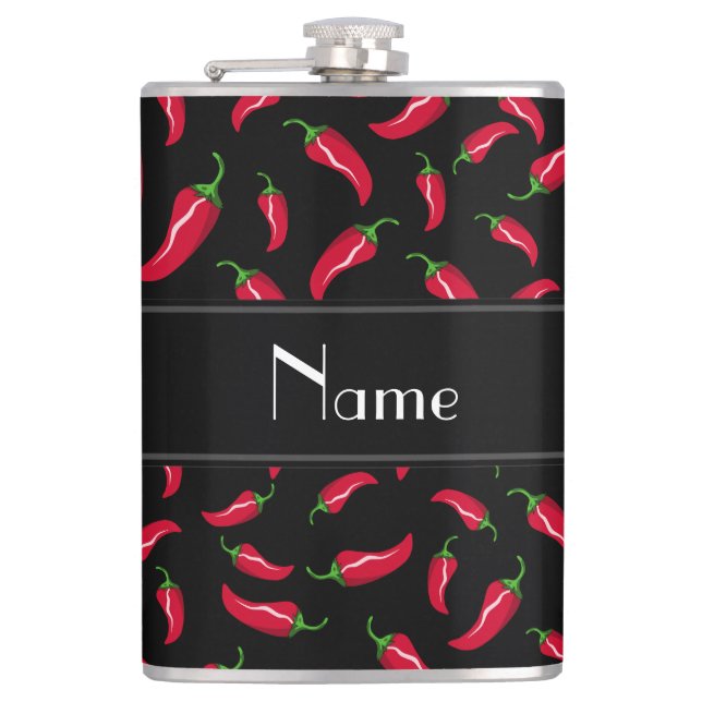 Personalised name black red chilli pepper hip flask (Front)