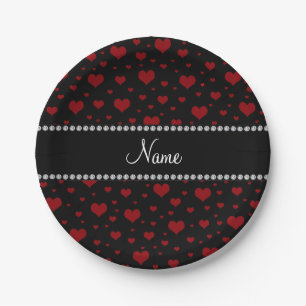 Personalised name black red hearts paper plate