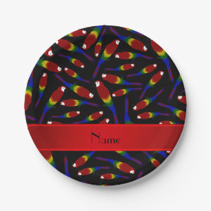 Personalised name black red parrots paper plate