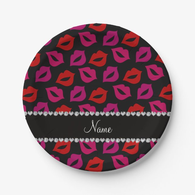 Personalised name black red pink lips paper plate (Front)