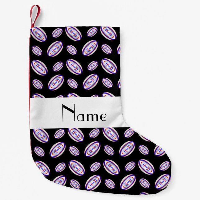 Personalised name black rugby balls small christmas stocking (Front)
