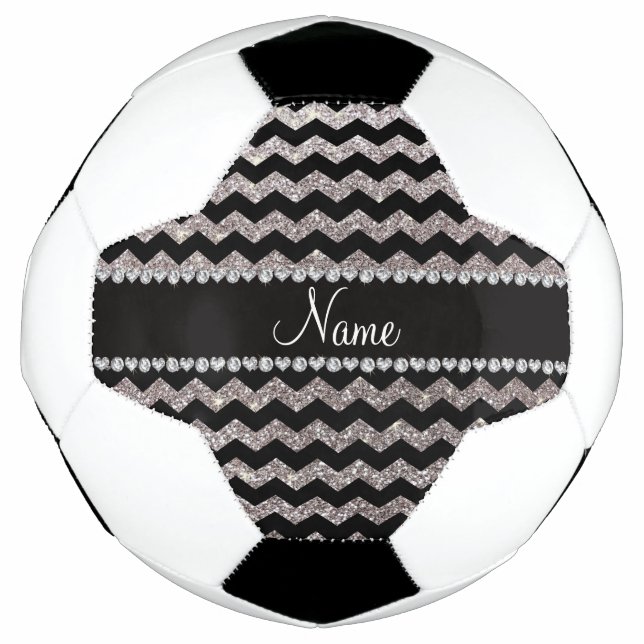 Personalised name black silver glitter chevrons soccer ball (Front)
