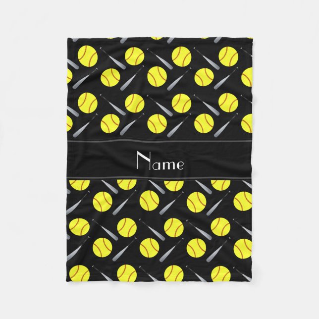 Personalised name black softball pattern fleece blanket (Front)