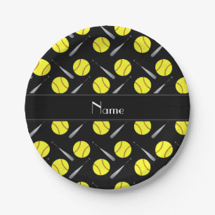 Personalised name black softball pattern paper plate