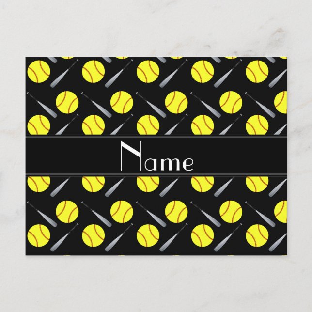 Personalised name black softball pattern postcard (Front)
