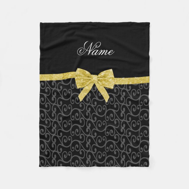 Personalised name black swirls gold glitter bow fleece blanket (Front)