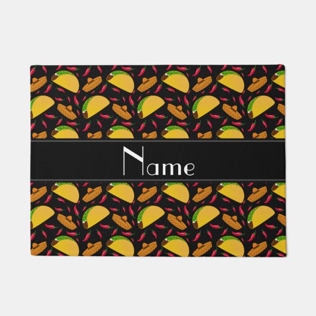 Personalised name black tacos sombreros chilis doormat (Front)