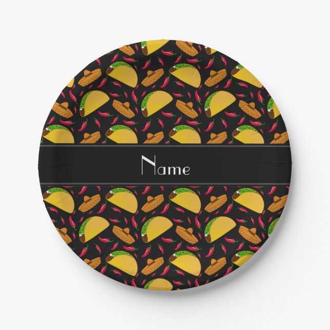 Personalised name black tacos sombreros chilis paper plate (Front)
