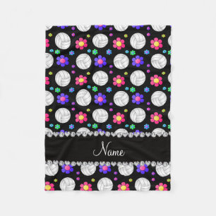 Personalised name black volleyball rainbow flowers fleece blanket