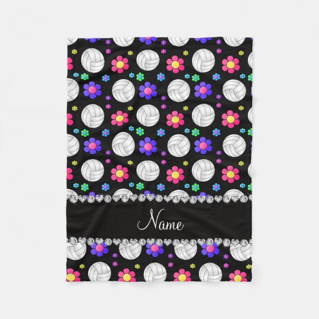 Personalised name black volleyball rainbow flowers fleece blanket (Front)