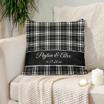 Personalised Name Black White Buffalo Check  Cushion<br><div class="desc">Stylish pillowcase with a  chequered black and white buffalo plaid/tartan design,   personalised with a couple's names and wedding date or any text you choose. Beautiful farmhouse decor.</div>