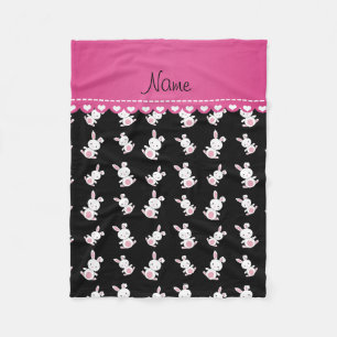 Personalised name black white bunnies pink stripe fleece blanket