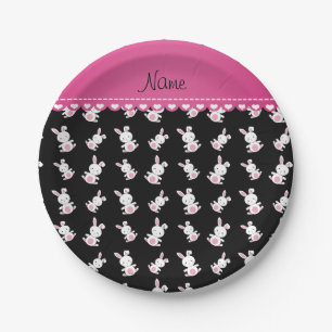 Personalised name black white bunnies pink stripe paper plate
