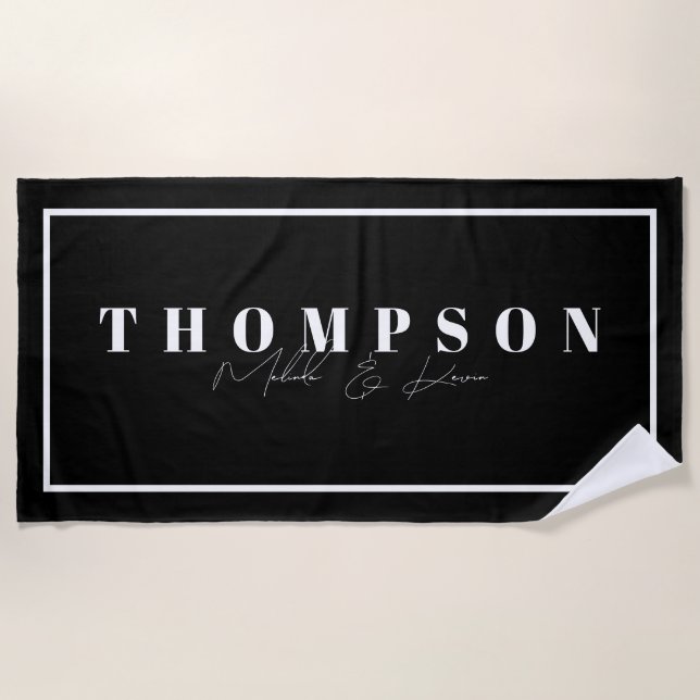 Personalised Name Black & White Elegant Beach Towel (Front)