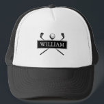 Personalised Name Black White Golf Ball And Clubs Trucker Hat<br><div class="desc">Personalise the name to create a great golf gift and keepsake. Designed by Thisisnotme©</div>