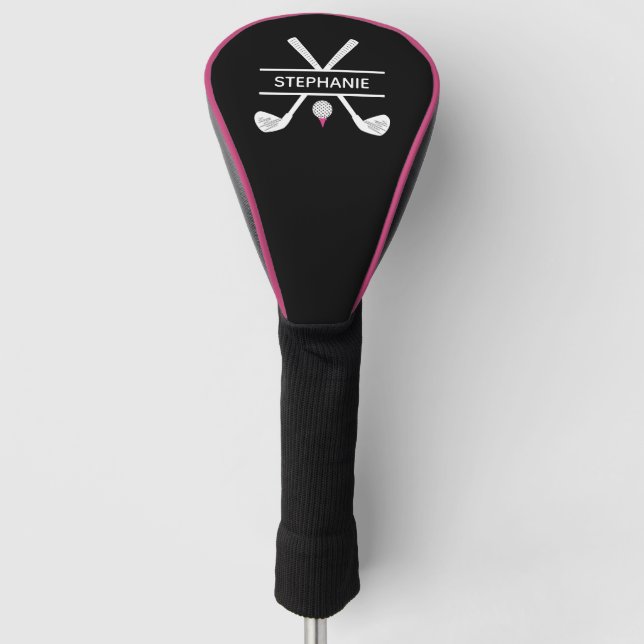 Personalised Name Black White Pink Golf Head Cover (Front)