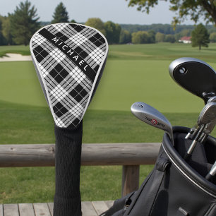Personalised Name Black & White Tartan Pattern Golf Head Cover