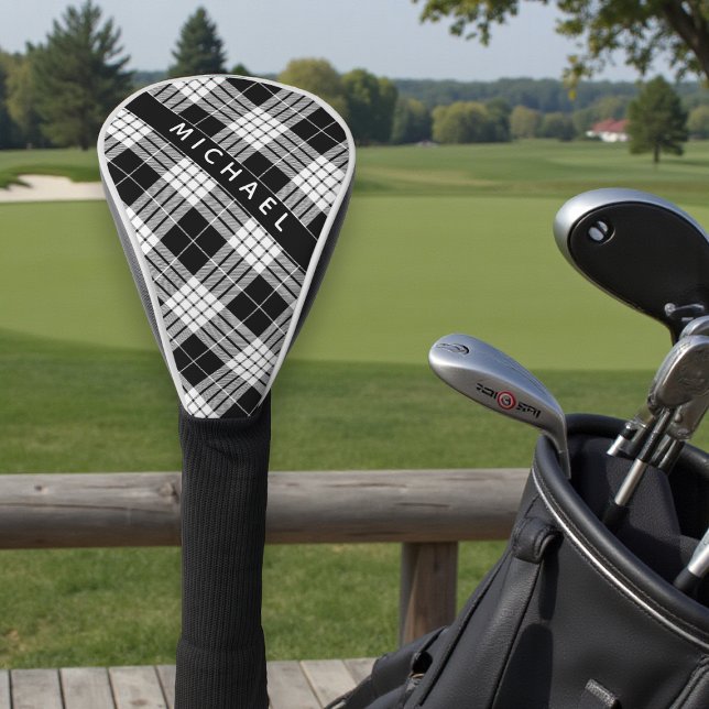Personalised Name Black & White Tartan Pattern Golf Head Cover (Creator Uploaded)