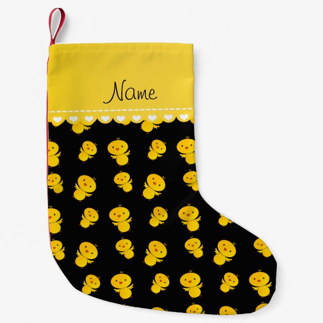 Personalised name black yellow chicks small christmas stocking (Front)